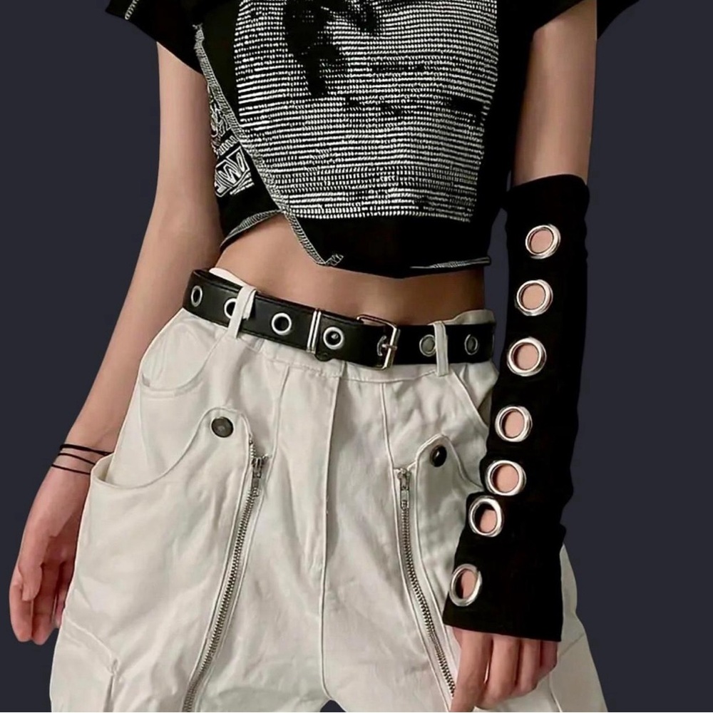Black Studded Fingerless Gloves with Silver Eyelets